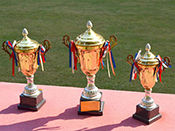 Three trophies on a platform
